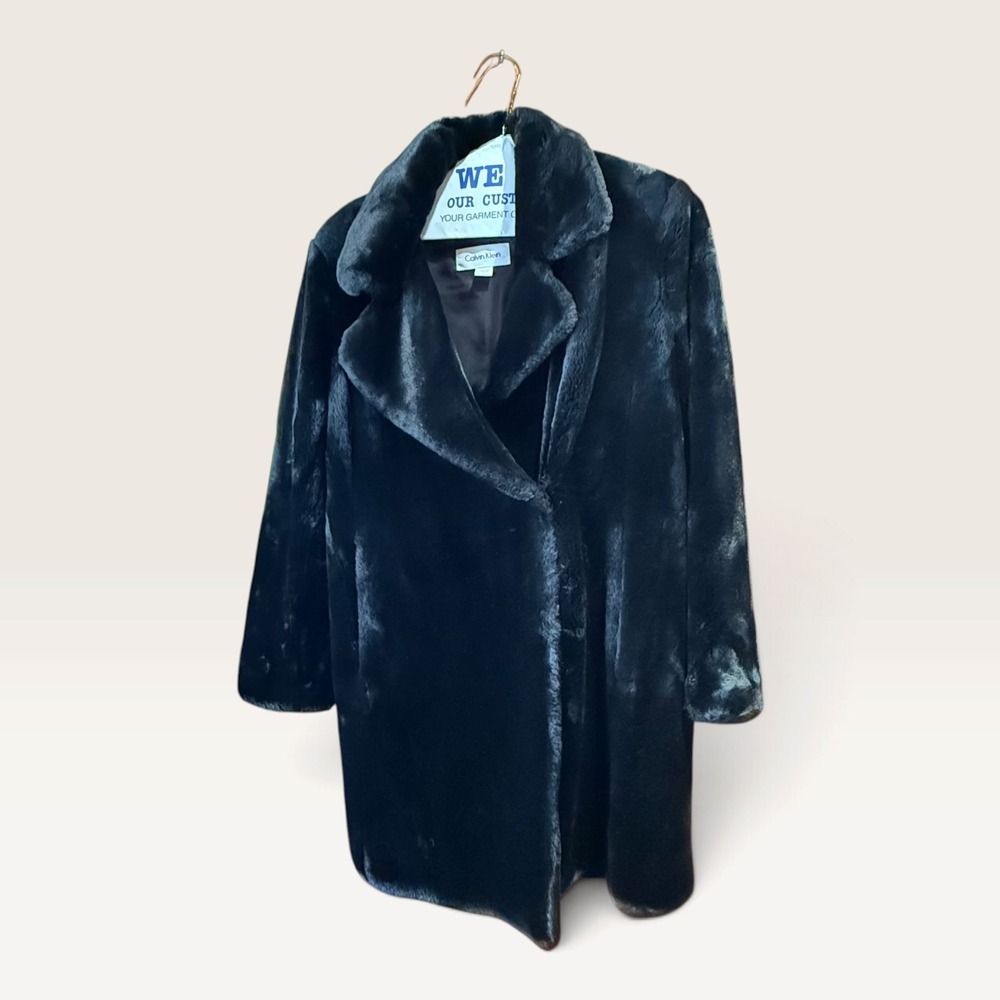 Calvin Klein Black Faux Fur Coat Size S Notched Lapel Mid Length Jacket Glam